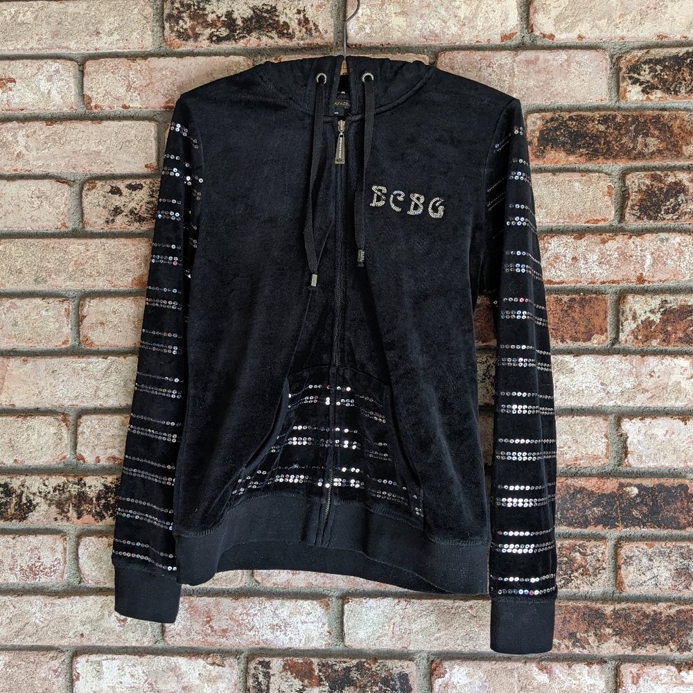🖤 BCBGMAXAZRIA Velour Hoodie with Sequins Large